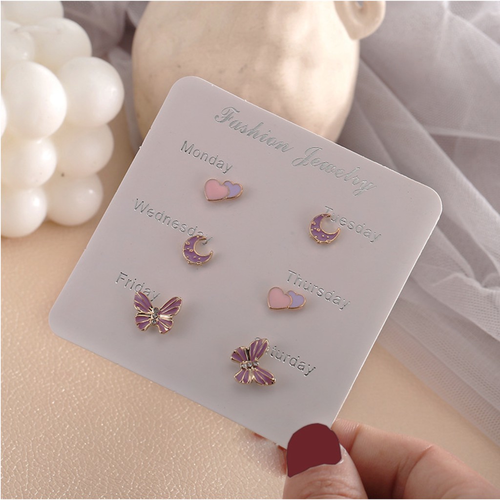 Set 3 Bông Tai Hạ Băng Designs Hoạ Tiết Ngôi Sao Đính Đá Phong Cách Hàn Quốc