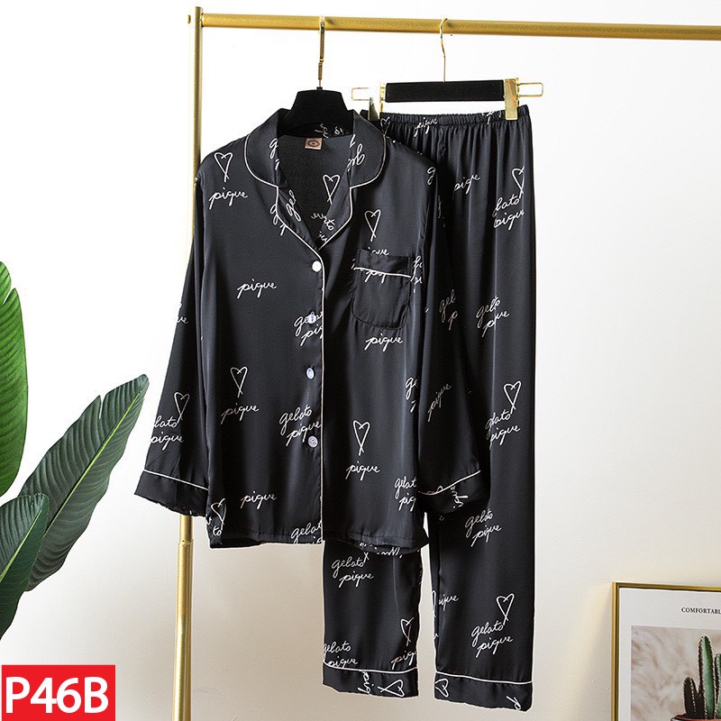 Đồ Ngủ Mặc Nhà Lụa Hàn Pajamas Dài Tay Quần Dài Họa Tiết AMANTA P46AMK