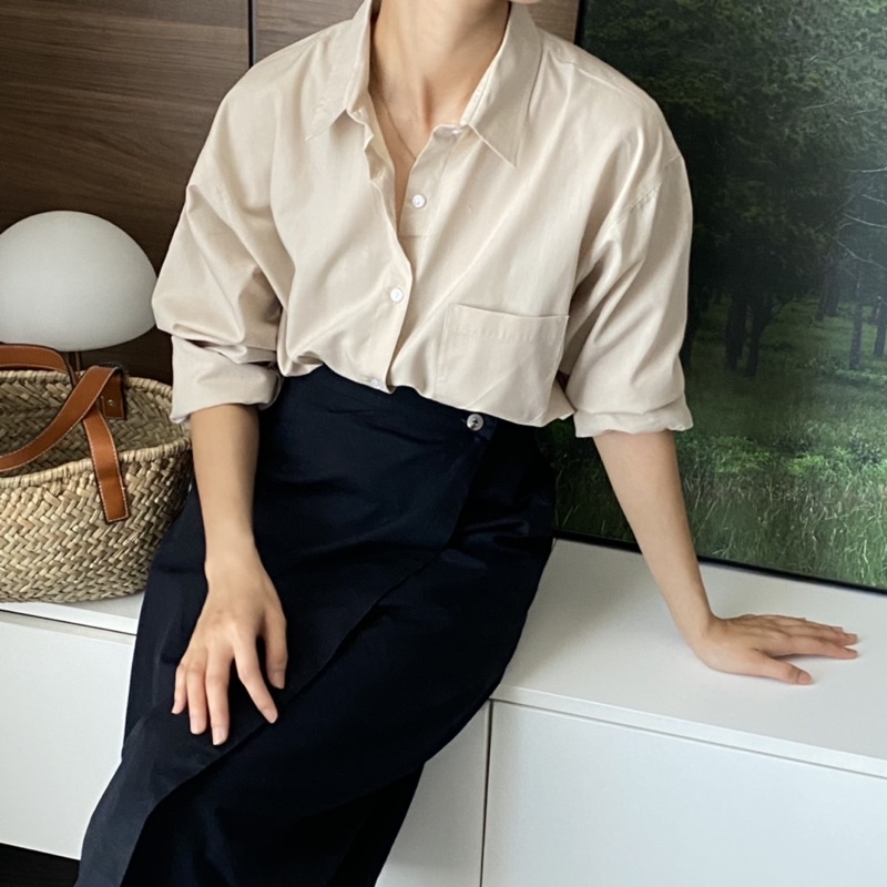 Áo Sơ Mi Dài Tay Chất Liệu Cotton Màu Be dành cho Nữ Heebyohi