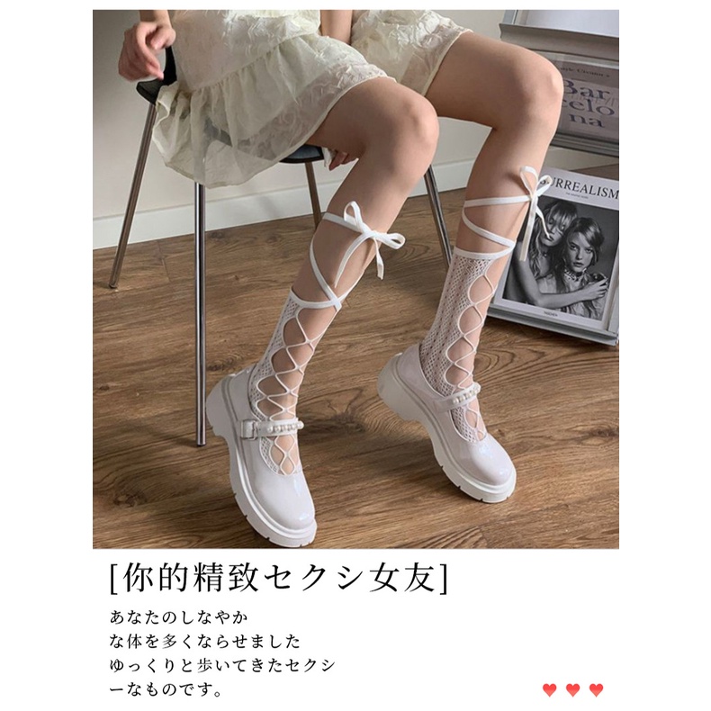 Summer Student Thin Section Pure Sweet Lady Cute Mid-tube White Black Lace Mesh Hollow Lolita Stockings Sexy and Breathable