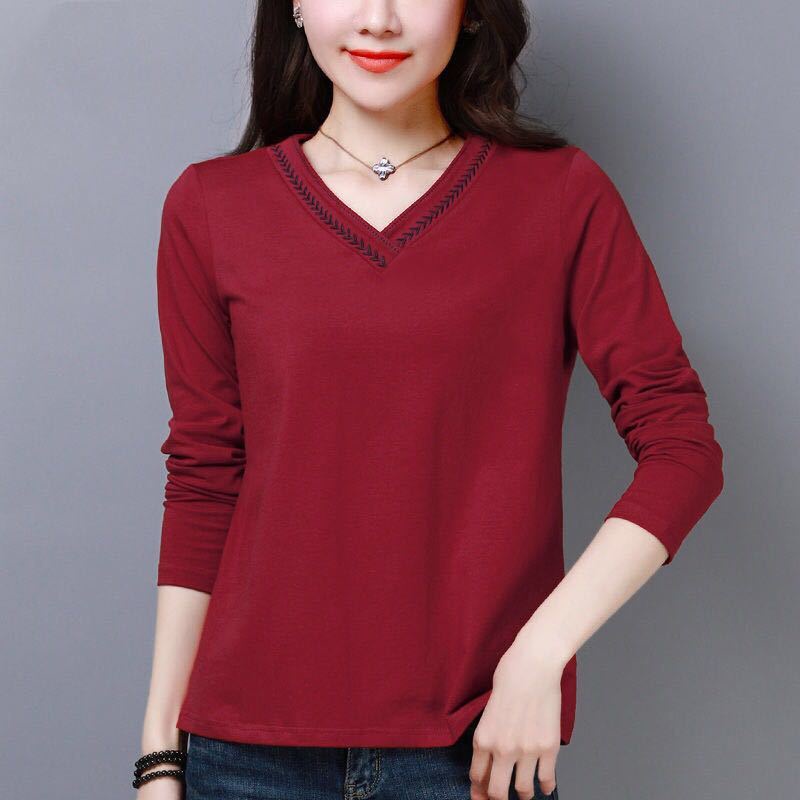 Áo thun tay dài cổ chữ V màu trơn thời trang cho phụ nữ trung niên