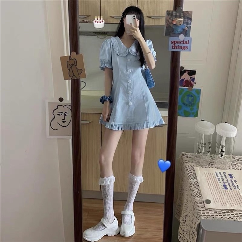 Đầm/ Váy xanh phối cổ sơ mi xinh xắn | BigBuy360 - bigbuy360.vn