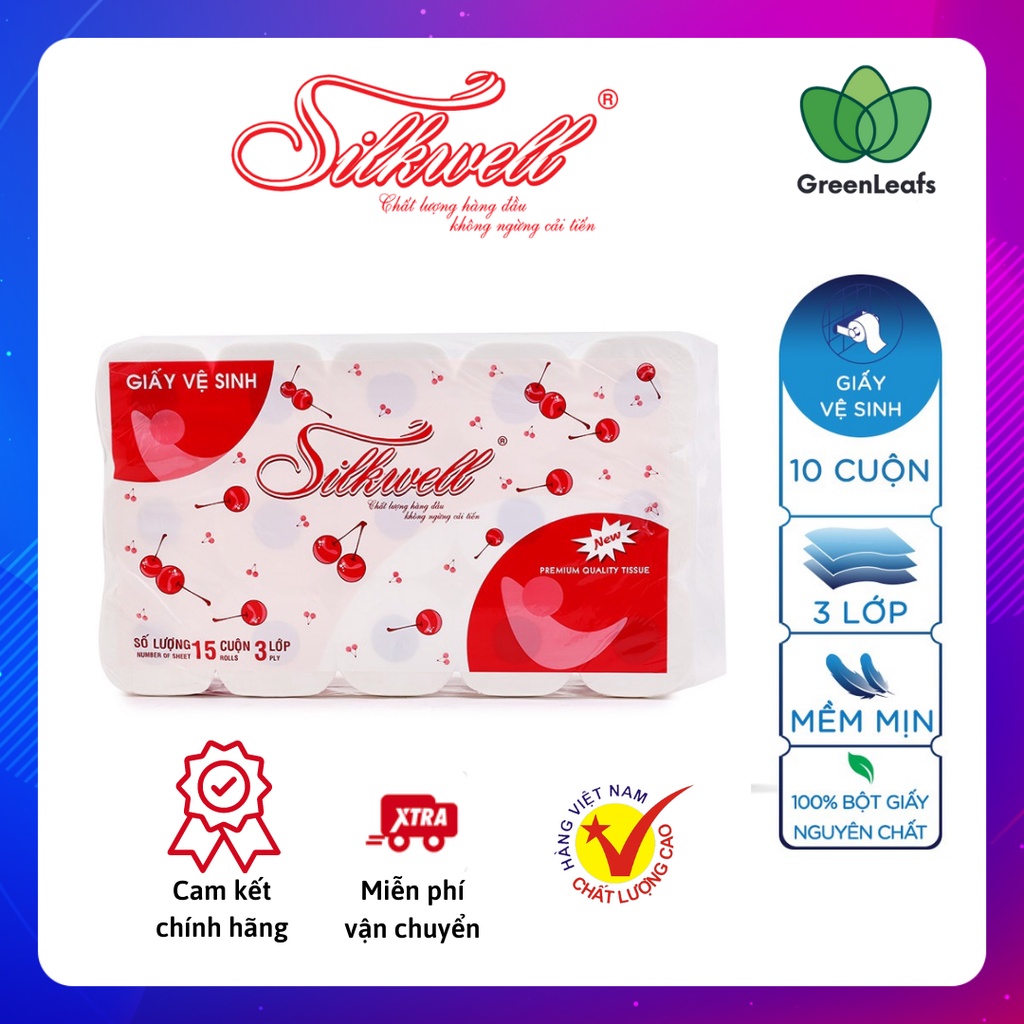 Giấy vệ sinh cao cấp Silkwell Cherry 15 cuộn 3 lớp có lõi, giấy vệ sinh siêu mềm mịn không tẩy trắng hàng chính hãng