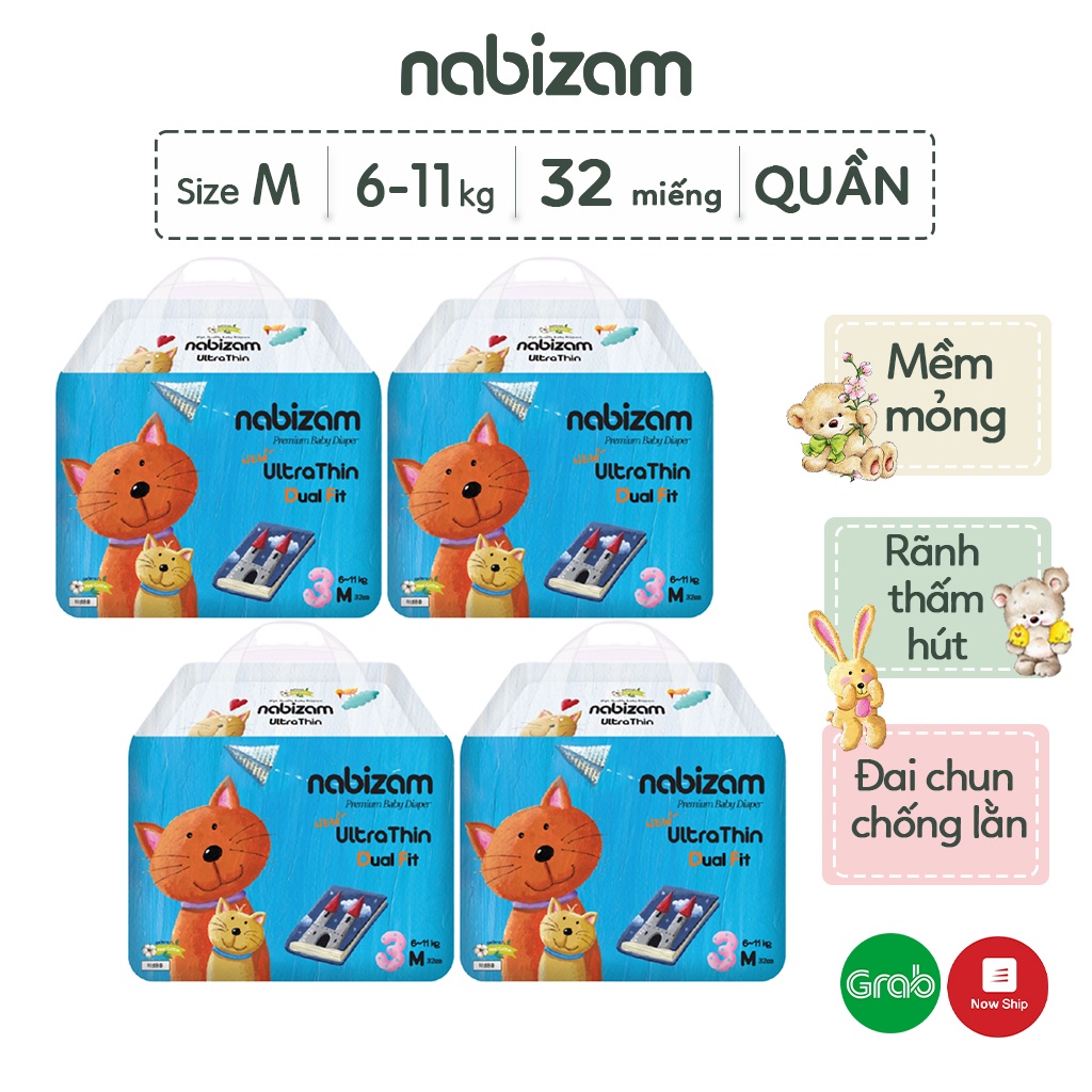 Combo 4 Tã/Bỉm Quần Nabizam UltraThin Nội Địa Hàn Cao Cấp Mỏng Vượt Trội, Thấm Hút Và Chống Tràn Size M/6-11kg/32 miếng