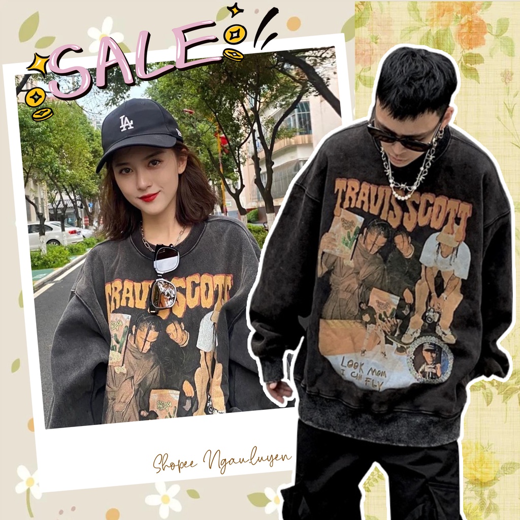 A024 Áo sweater nam nữ đen loangTravis Scott oversize thu đông Áo Hoodie nỉ dài tay hiphop cá tính form rộng unisex cute