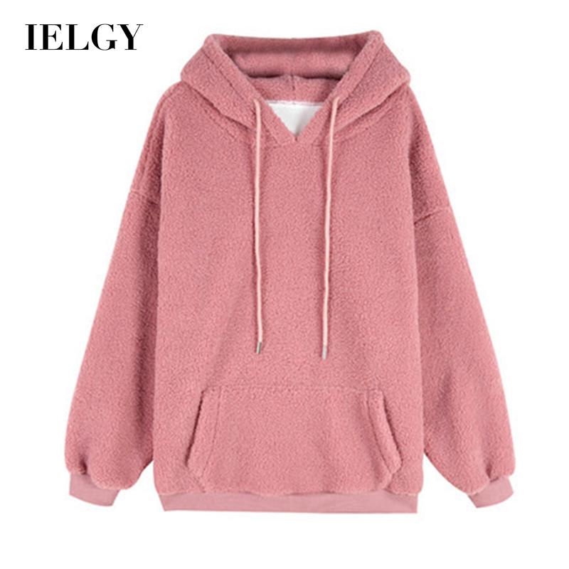 Áo Sweater IELGY Có Mũ Vải Nhung Giả Lông Cừu Dáng Rộng Dày Dặn Thời Trang Hàn Quốc Cho Nữ