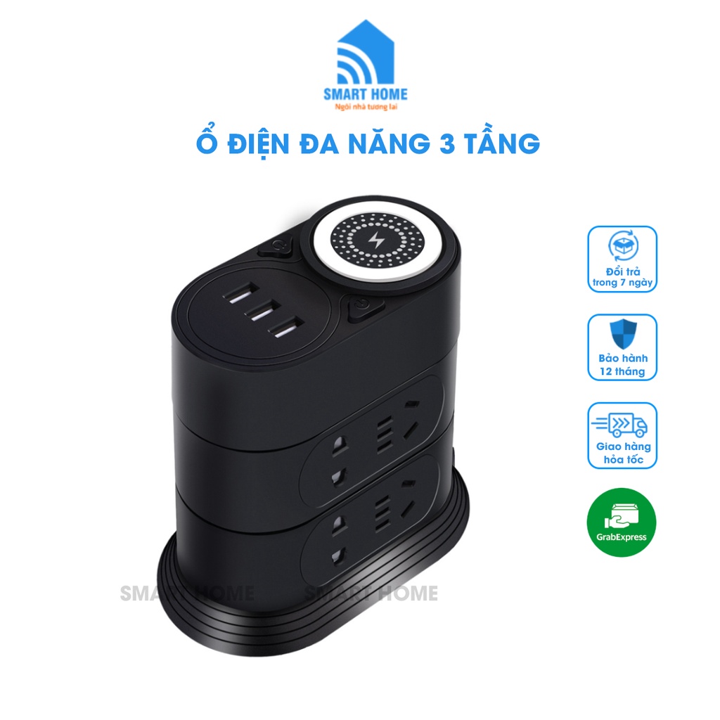 Ổ Cắm Điện Đa Năng Kèm Sạc Không Dây Cho Điện Thoại, 3 Cổng USB Sạc Nhanh