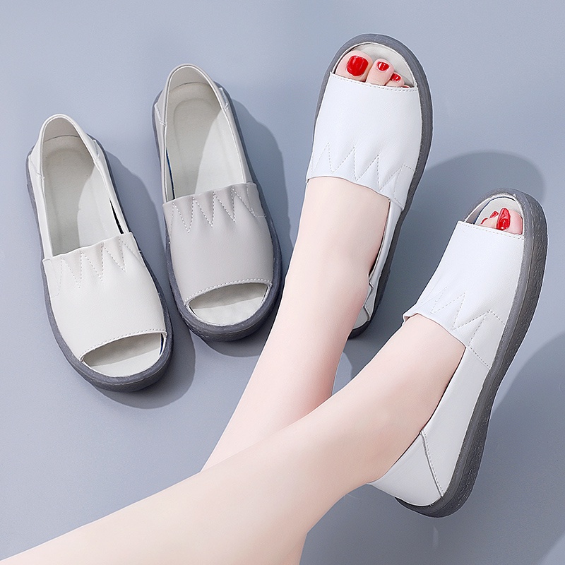 Giày Lười Đế Bằng Bằng Da Hở Ngón Thoáng Khí Thoải Mái Thời Trang