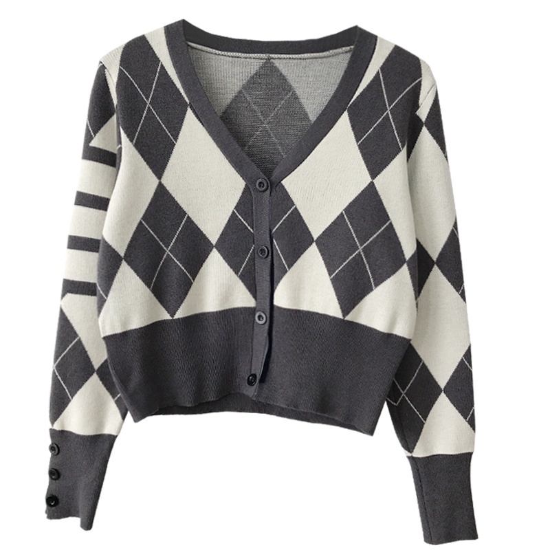 Áo khoác cardigan dệt kim tay dài họa tiết caro kim cương phong cách Anh Quốc thời trang mùa thu