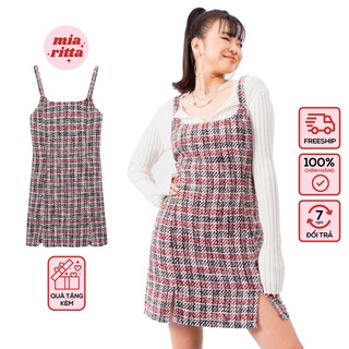 Váy yếm dạ tweed kẻ ô đỏ mia ritta v989