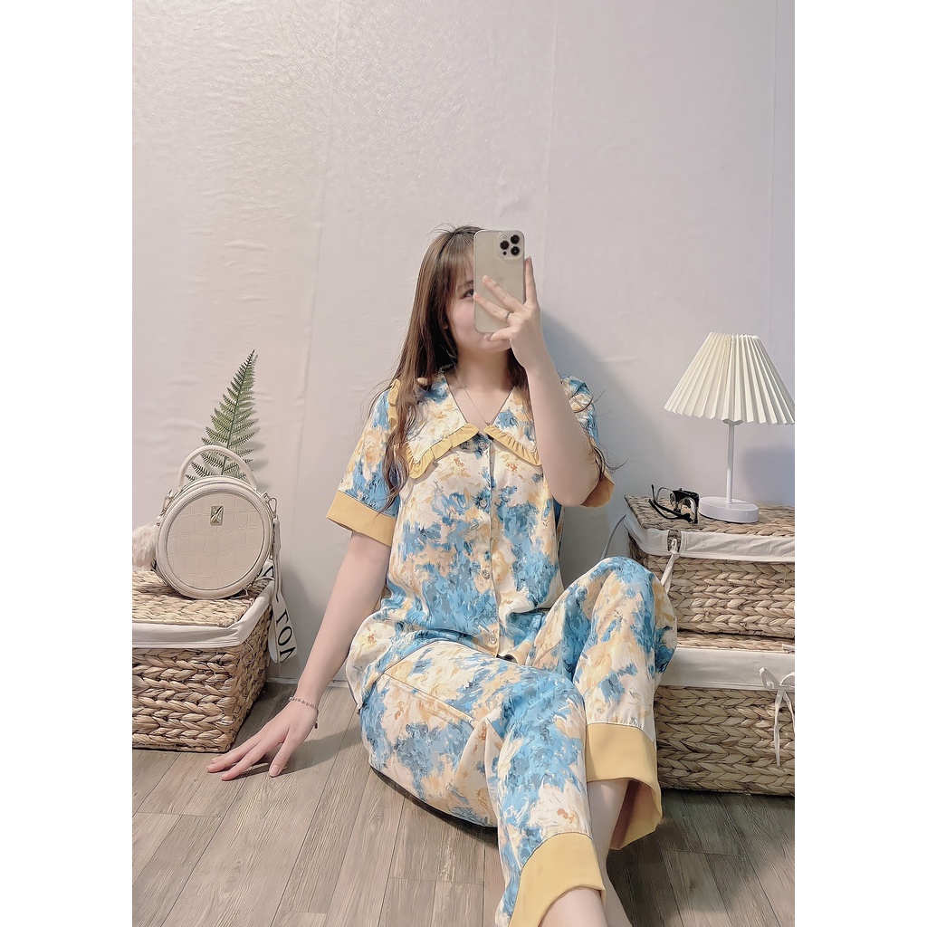 Đồ Bộ Pijama Nữ Lụa Mango Cao Cấp,Tay Cộc Quần Dài,Hàng Thiết Kế Tiểu Thơ, Chất Vải Mềm Mịn,Siêu Mát MG03