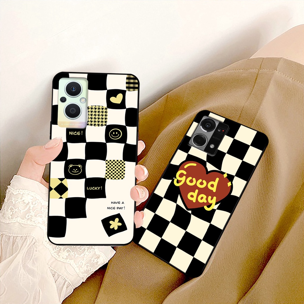 Ốp lưng Oppo Reno 7 4G - Reno 7 5G - Reno 7Z 5G in hoạ tiết caro trái tim đen trắng, gấu bear cute đáng yêu