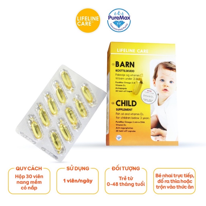 Dầu cá kim cương DHA Vitamin D3 BARN Lifeline Care Nauy Dầu cá cho bé - Hộp 30 viên