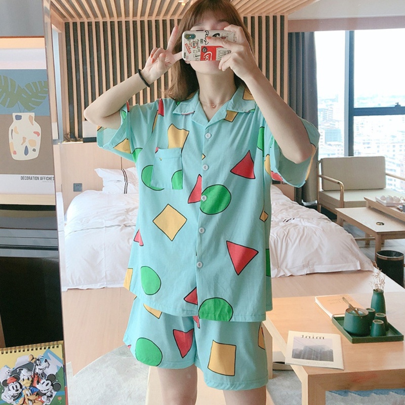 Bộ Đồ Ngủ 2 Món Tay Ngắn Dáng Rộng Cài Khuy Họa Tiết Hình Học Nhiều Màu Thời Trang Mùa Hè Cho Bạn Gái