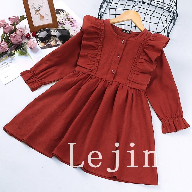Đầm công chúa dáng chữ A viền bèo bằng Cotton màu đỏ cho bé gái 2-6 tuổi