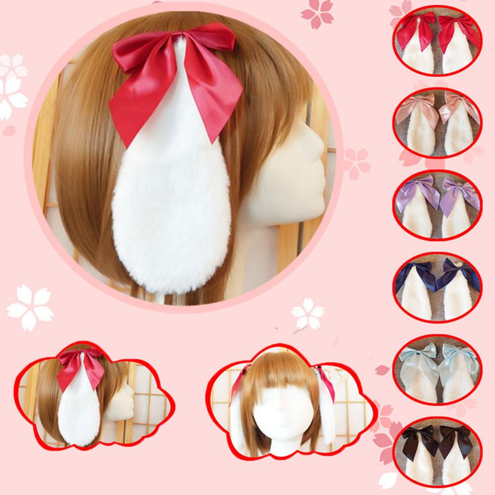 Kẹp Tóc Hình Tai Thỏ Phối Ruy Băng Lông Xù Đính Nơ Hóa Trang Lolita Dễ Thương