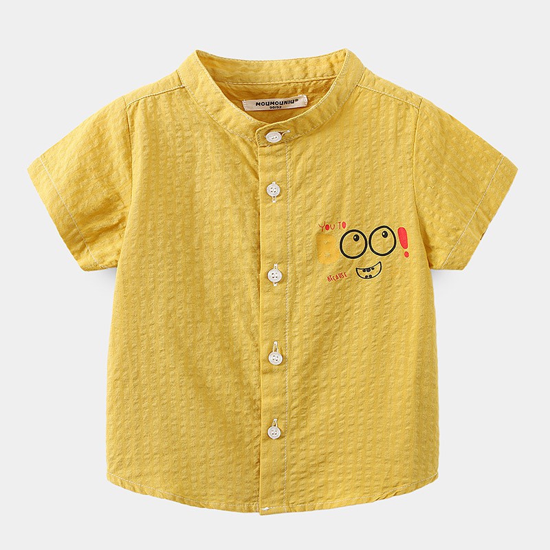 Áo sơ mi cổ tàu cho bé WELLKIDS áo sơ mi cộc tay họa tiết hoạt hình chất cotton hàng xuất Âu Mỹ