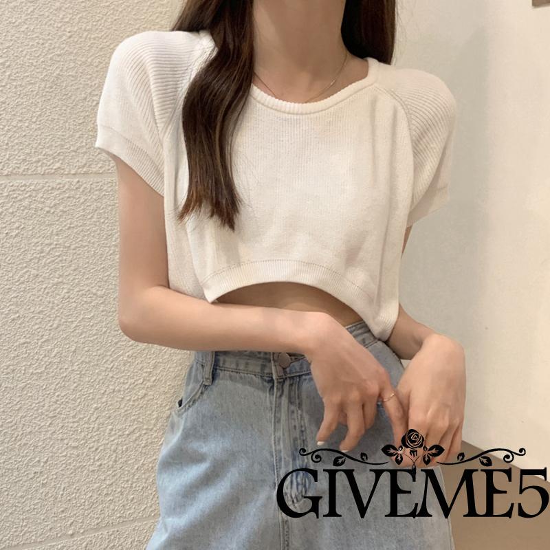Áo Croptop Dệt Kim Tay Ngắn Cổ Tròn Màu Trơn Dáng Rộng Thời Trang Cho Nữ