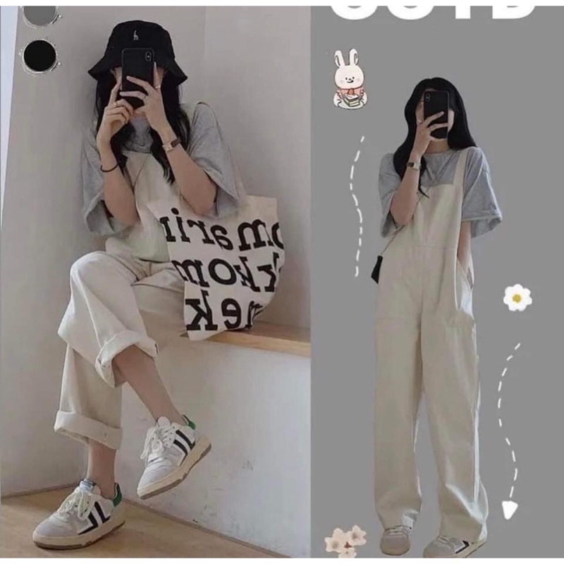 Sét Quần yếm kaki kèm áo thun nữFREESHIP  Bộ đồ culottes phông form rộng tay lỡ bánh bèo cá tính năng động đẹp Ulzzang