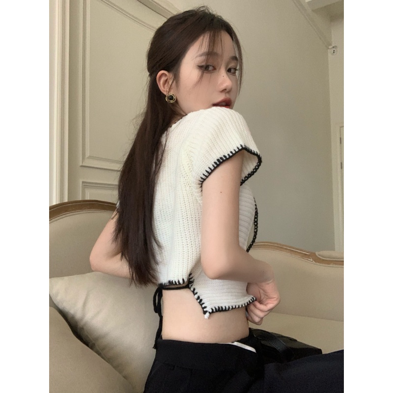 Porozi  Áo kiểu  dệt kim tay ngắn ôm dáng vừa vặn phong cách Hàn Quốc thời trang dành cho nữ