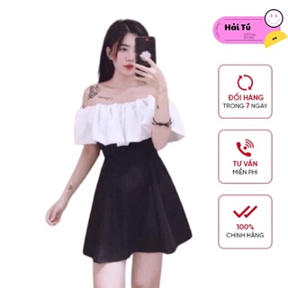 Váy Đen Vai Trắng Trễ Phồng, Váy Nữ Đẹp Chất Liệu Đũi Mát, Hàng Loại 1, Ảnh Thật [Váy Nữ]