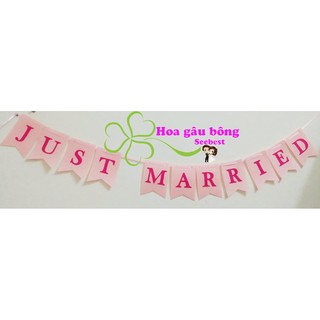 Dây chữ JUST MARRIED màu hồng nhạt chữ hồng đậm
