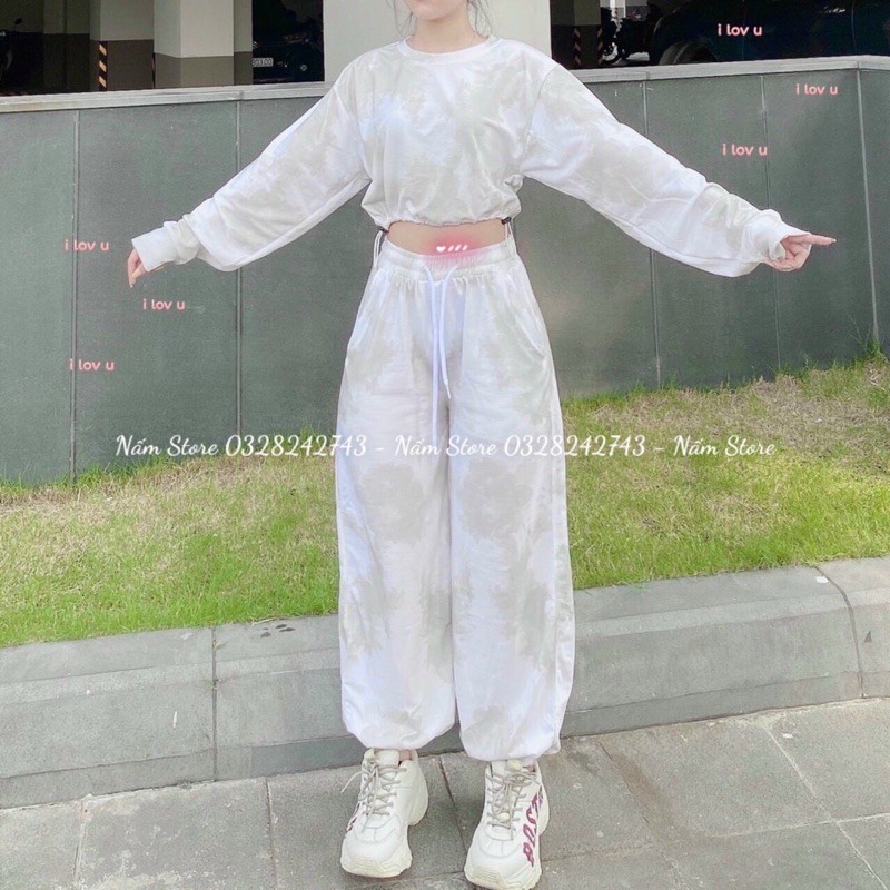 Set áo croptop loang tay dài bo eo + Quần jogger loang dài ống rộng dây rút