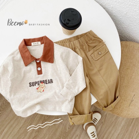Bộ quần áo bé trai thời trang Hàn Quốc Beemo Áo dài tay polo hình gấu quần kaki đen be cho bé trẻ em - STB