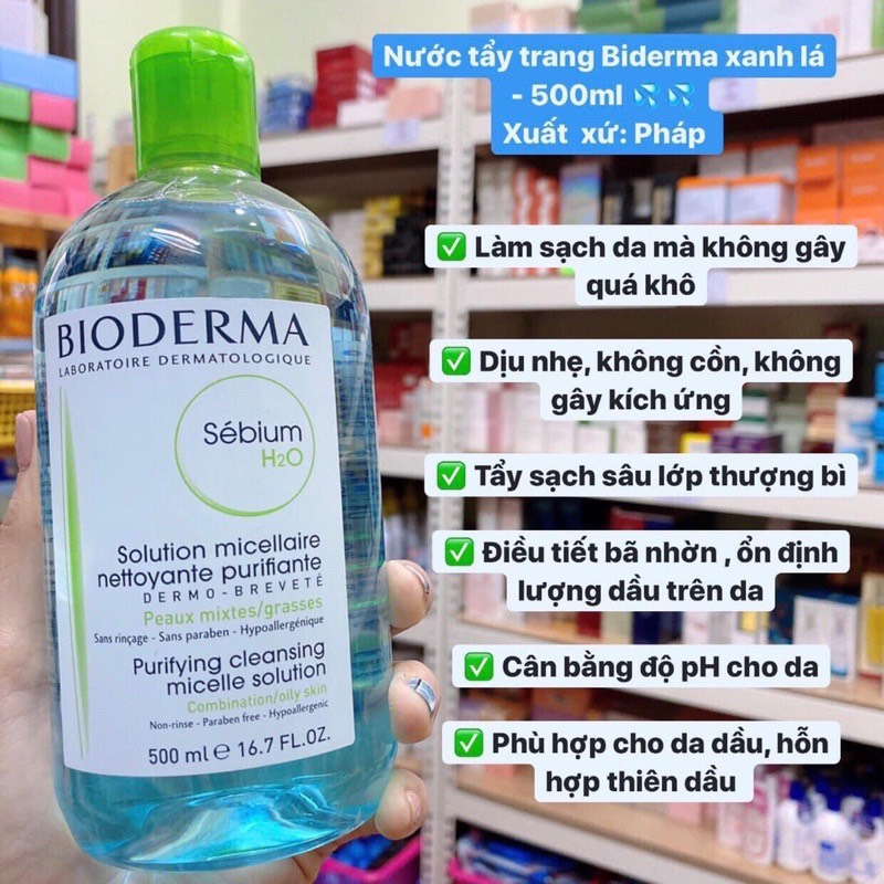 Nước Tẩy Trang Cho Da dầu mụn Bioderma Sensibio (Bioderma xanh ) 500 ml