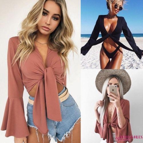 Áo croptop tay loe dài thắt nơ ngực quyến rũ cho nữ