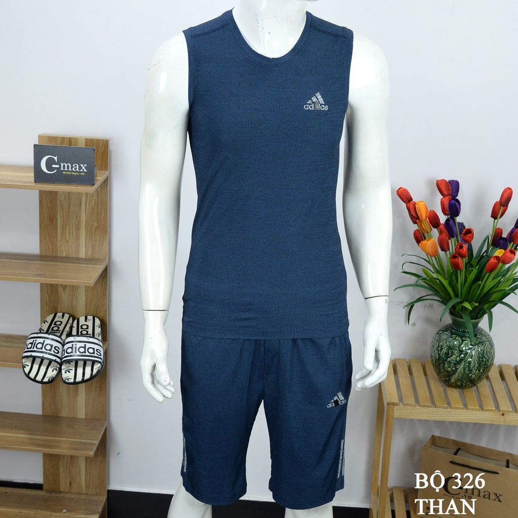Bộ thể thao nam ba lỗ adidas cao cấp mùa hè cộc tay chất thun lạnh mã 326, bộ ba lỗ tập gym