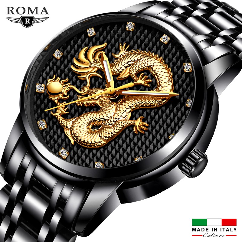 ĐỒNG HỒ NAM RỒNG VÀNG KÍNH TRÁNG SAPPHIRE - ĐỒNG HỒ PHONG THỦY - DÂY THÉP ĐÚC ĐẶT CAO CẤP