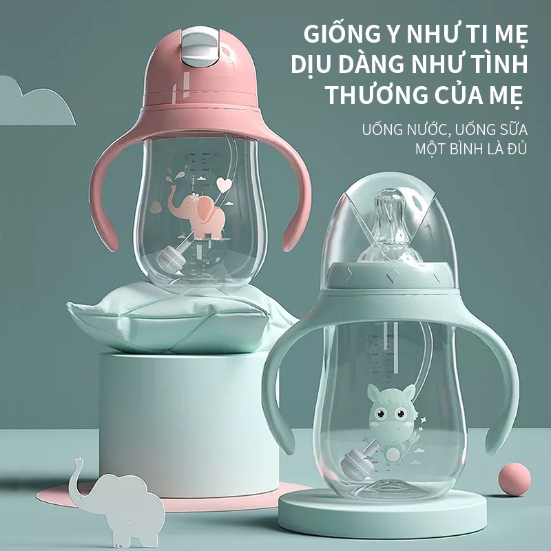 Bình bú cổ rộng chống đau bụng (180ml, 240ml, 300ml), có tất cả các núm vú, núm vú bằng nhựa cho bé bú.