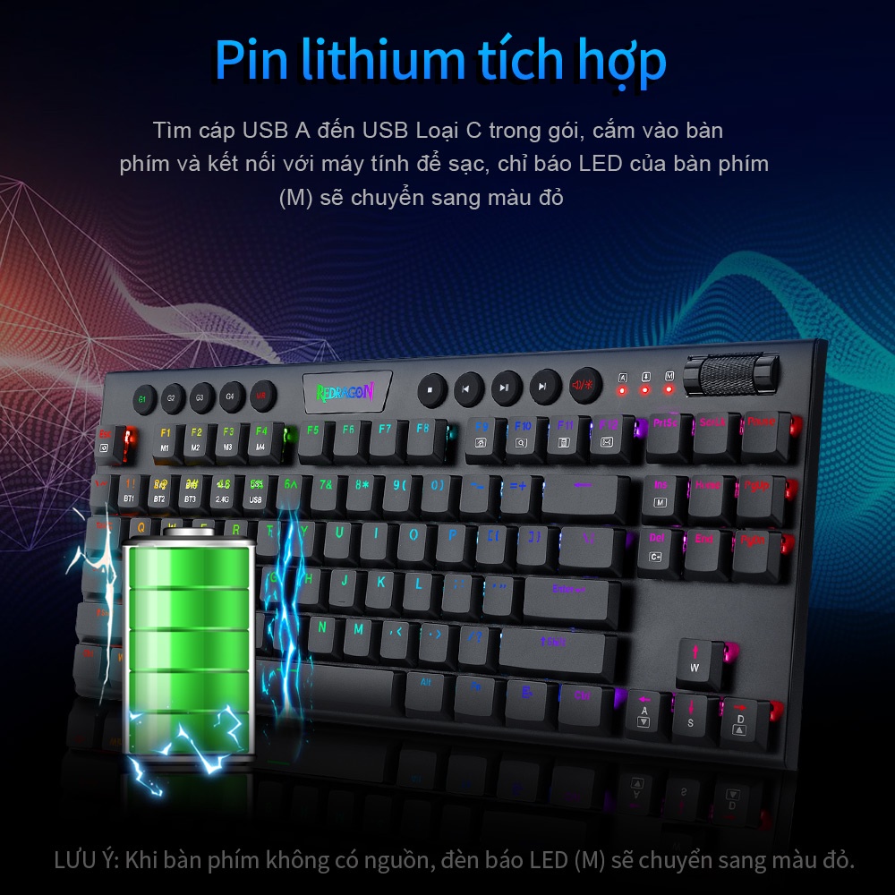 Bàn phím cơ chơi game Redragon Horus TKL K621 RGB kết nối bluetooth 5.0 2.4G 3 chế độ 97 phím