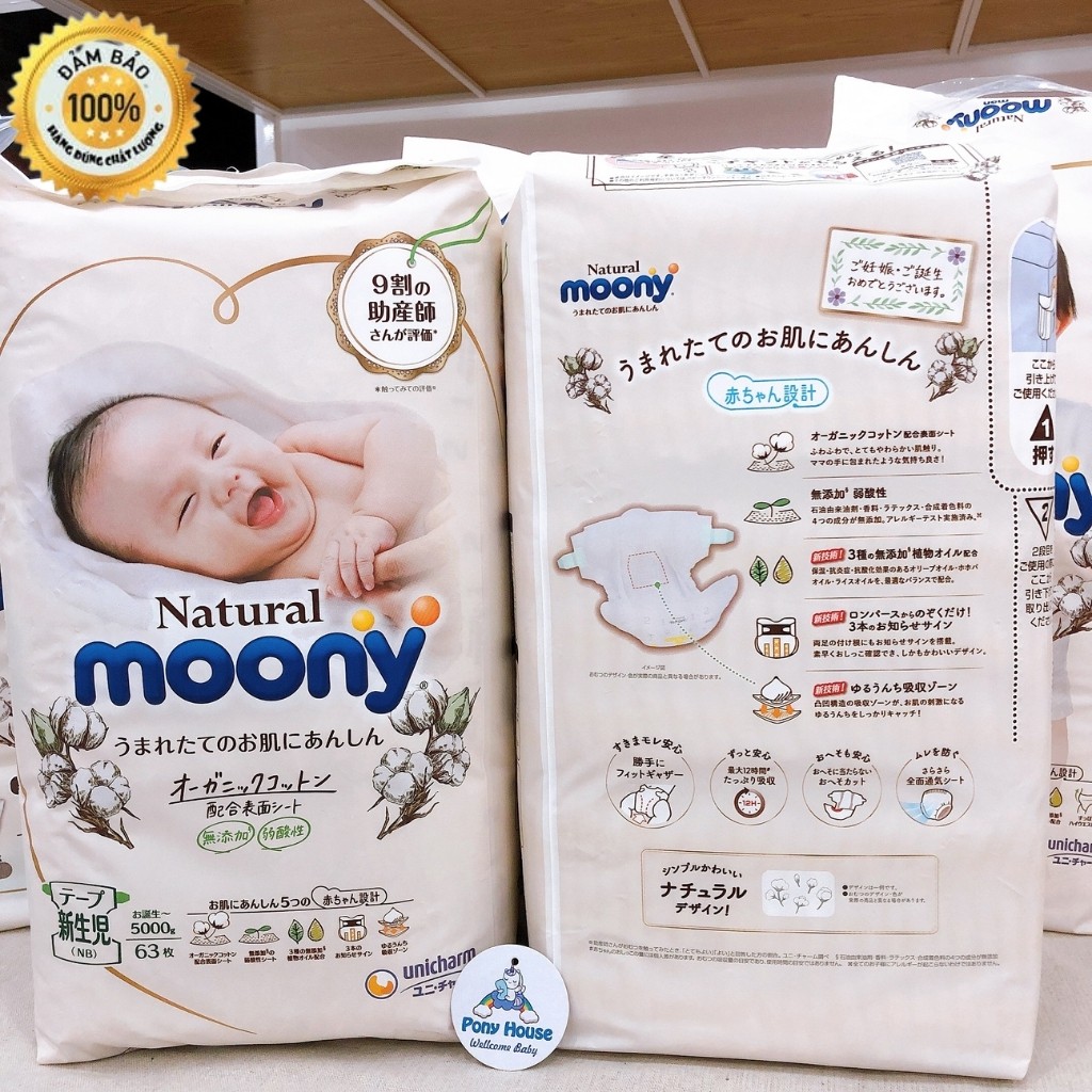 Tã/Bỉm Moony Natural Trắng nội địa Nhật Bông Organic Cho Bé dán/quần NB63/S58/M46/L38/L36/XL32