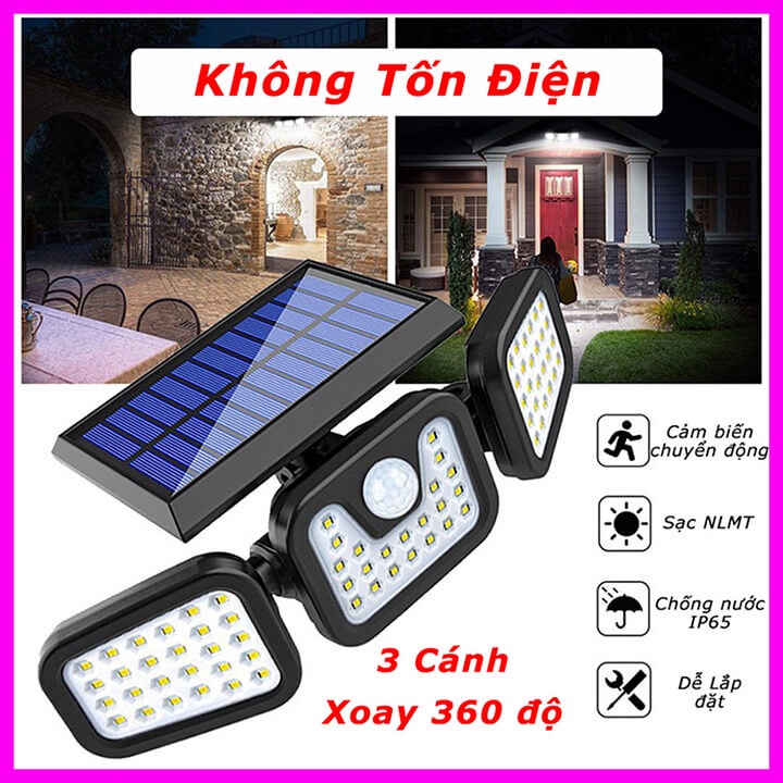 Đèn năng lượng mặt trời 3 cánh xoay 360 độ cảm biến chuyển động, cảm biến ánh sáng chống nước IP65, pin 2400mAh