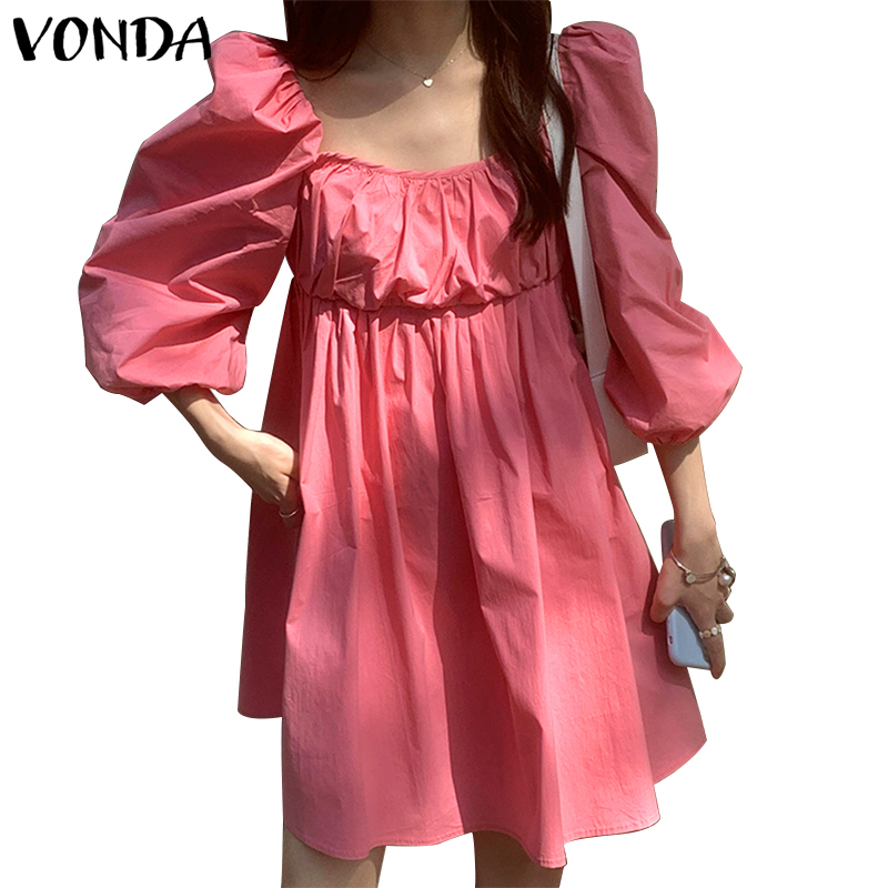 VONDA Women Korean Summer 3/4 Puff Sleeve U Neckline Loose Pleated Tunic Dress | BigBuy360 - bigbuy360.vn