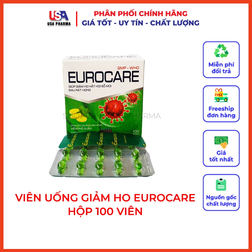 Eurocare – Giúp Giảm Ho Thông Thoáng Mũi Họng, Giảm Cảm Lạnh, Sổ Mũi, Đau Rát Họng – Hộp 100 Viên