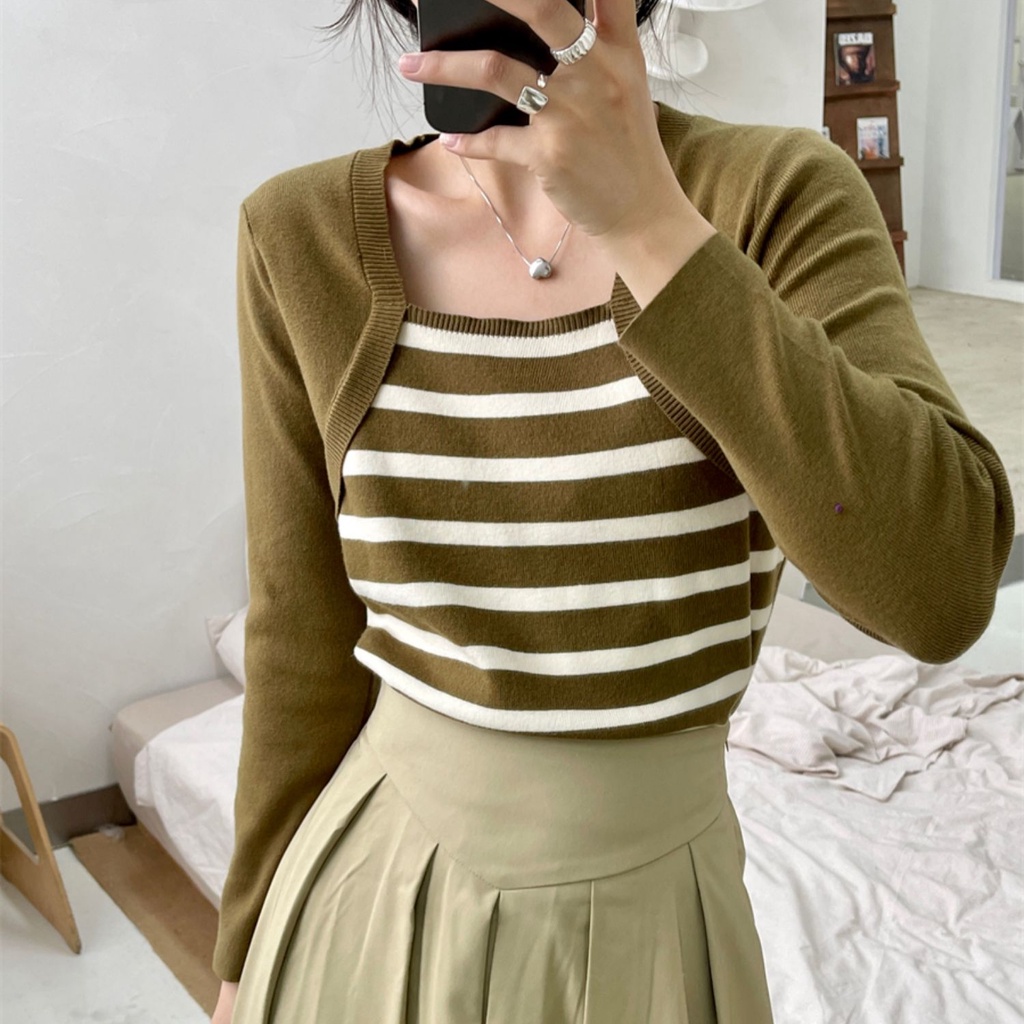 SUXI Áo Sweater Dệt Kim Tay Dài Dáng Ôm Họa Tiết Kẻ Sọc Thời Trang Mùa Thu Mới Cho Nữ