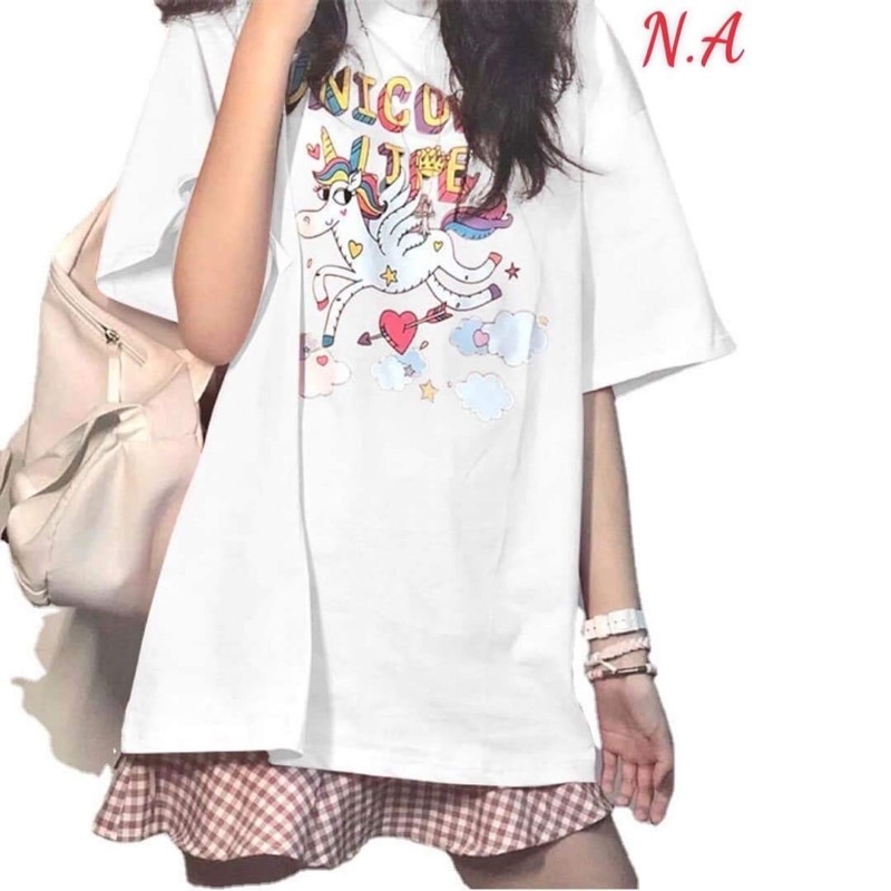 Áo đôi, áo thun cặp nam nữ tay lỡ Unisex Ngựa Kỳ Lân Unicom form rộng vải cotton Hot Trend 2022