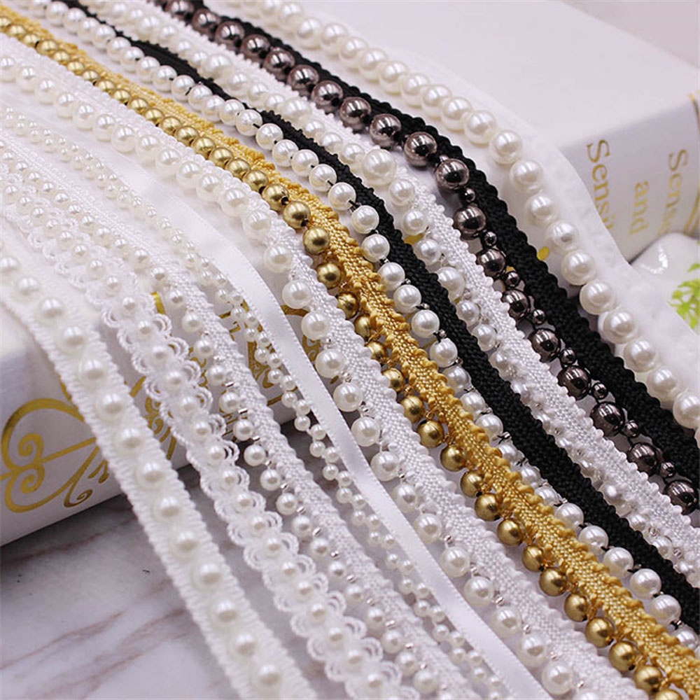 Dây ren đính ngọc trai giả 1 yard trang trí cổ áo/váy cưới DIY