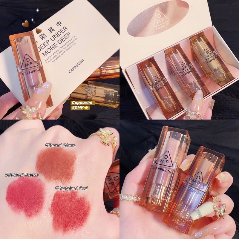 Set 3 Son môi Cappuvini Dạng Thỏi Vỏ Nâu Trong Suốt Hàng Nội Địa Trung