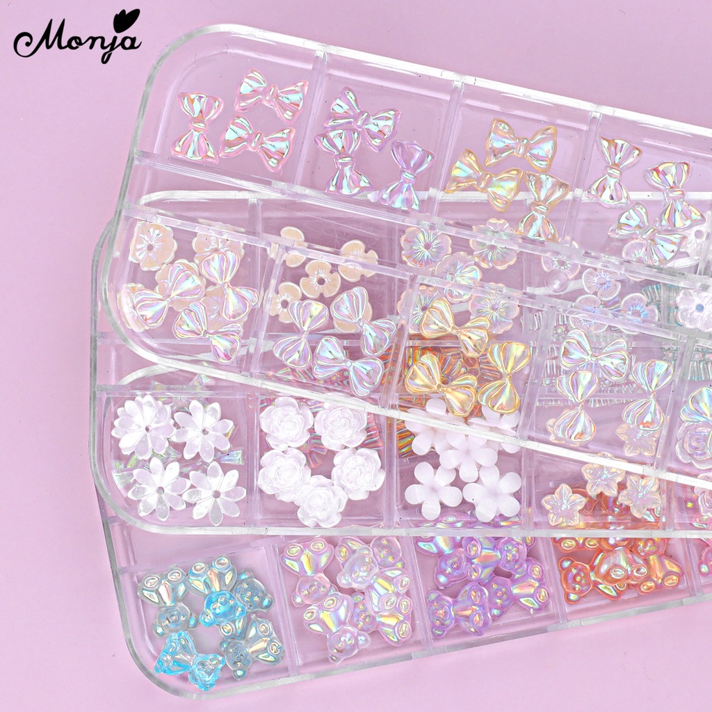 MONJA Phụ Kiện Trang Trí Móng Tay Nghệ Thuật 3D Nhiều Màu Sắc Hình Nơ/Gấu/Hoa Trà/Hoa Trà Lấp Lánh Xinh Xắn