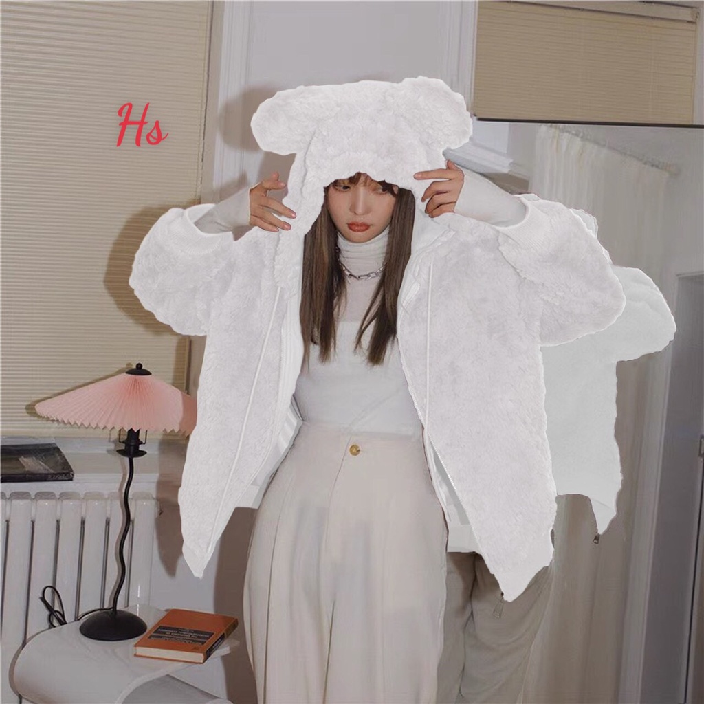 Áo khoác lông gấu tai xù đáng yêu, có 3 màu đen, trắng, hồng, có ảnh và video thật