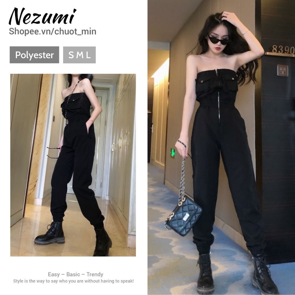 (Ảnh thật) Jumpsuit quây đen quần jogger có khóa trước siêu chất