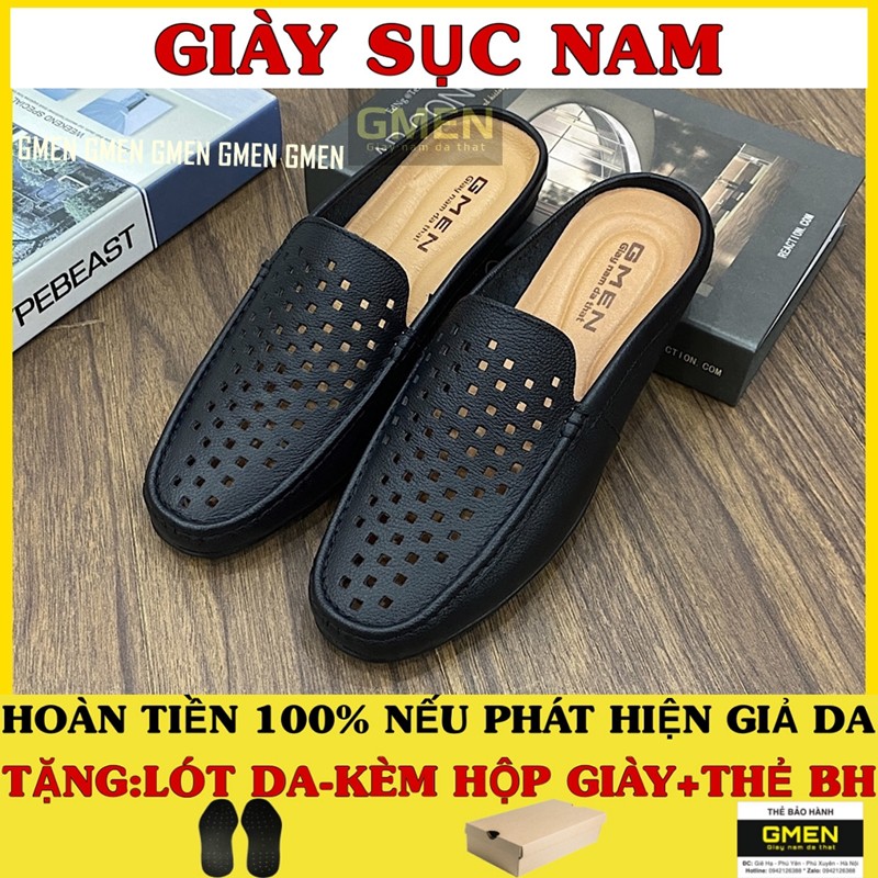 Giày sục nam thiết kế lỗ thoáng khí chất liệu da thật mềm mại đế cao su êm chân bảo hành 1 năm