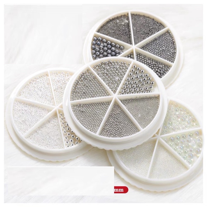 Set Bi Nail Trang Trí Móng Kim Loại Khay Tròn 6 Ngăn Mix Size