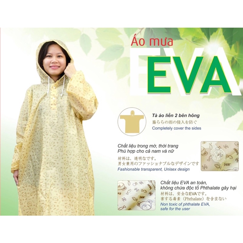 Áo Mưa Bít Sườn Mặc 1 Người EVA, Chính Hãng RANDO, Họa Tiết Gấu Và Cá, Nhựa Thân Thiện Môi Trường, Không Thấm Nước