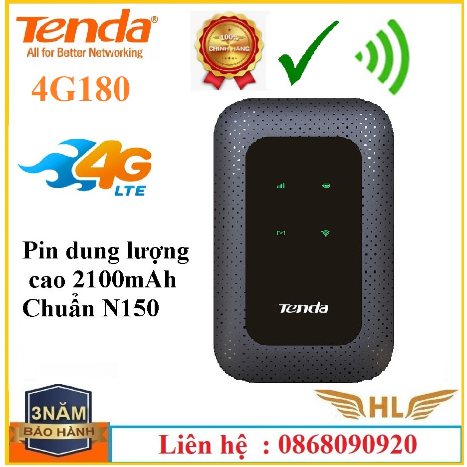 [Mã 159ELSALE hoàn 7% đơn 300K] Bộ Phát Wifi 4G LTE Tenda 4G180 Pin dung lượng cao 2100mAh - Hàng Chính Hãng