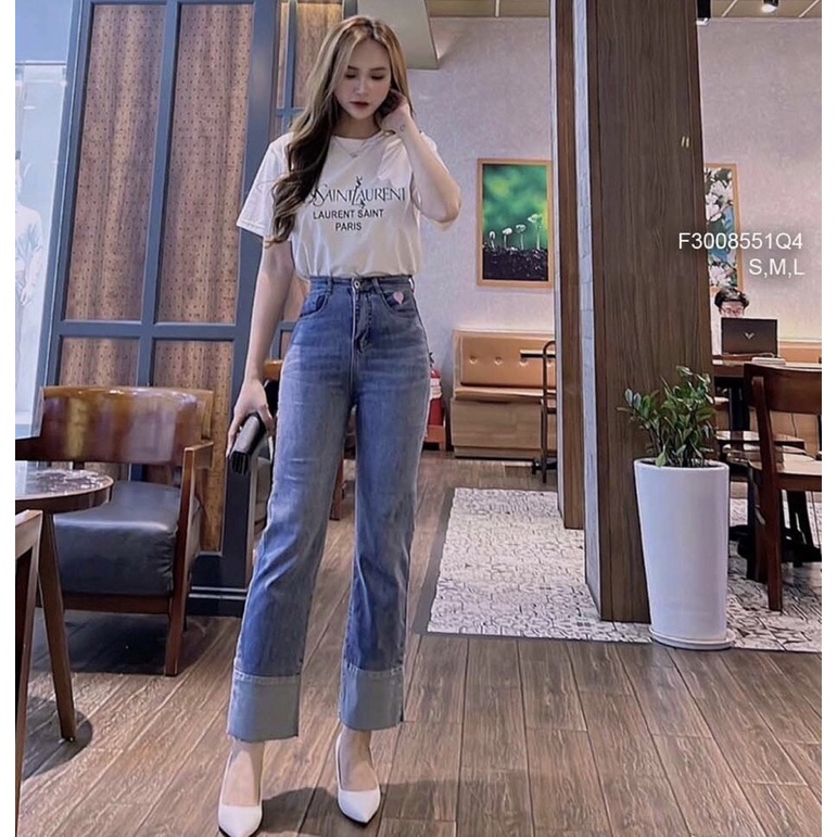 Quần jean dài lai lật cao màu thêu trái tim túi TT3008